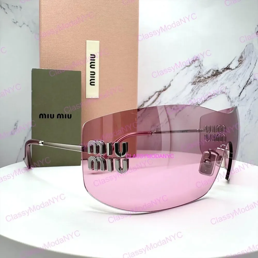 New MIU MIU Sunglasses Aube Silver Pink Mirror Rimless Wrap Authentic Womens